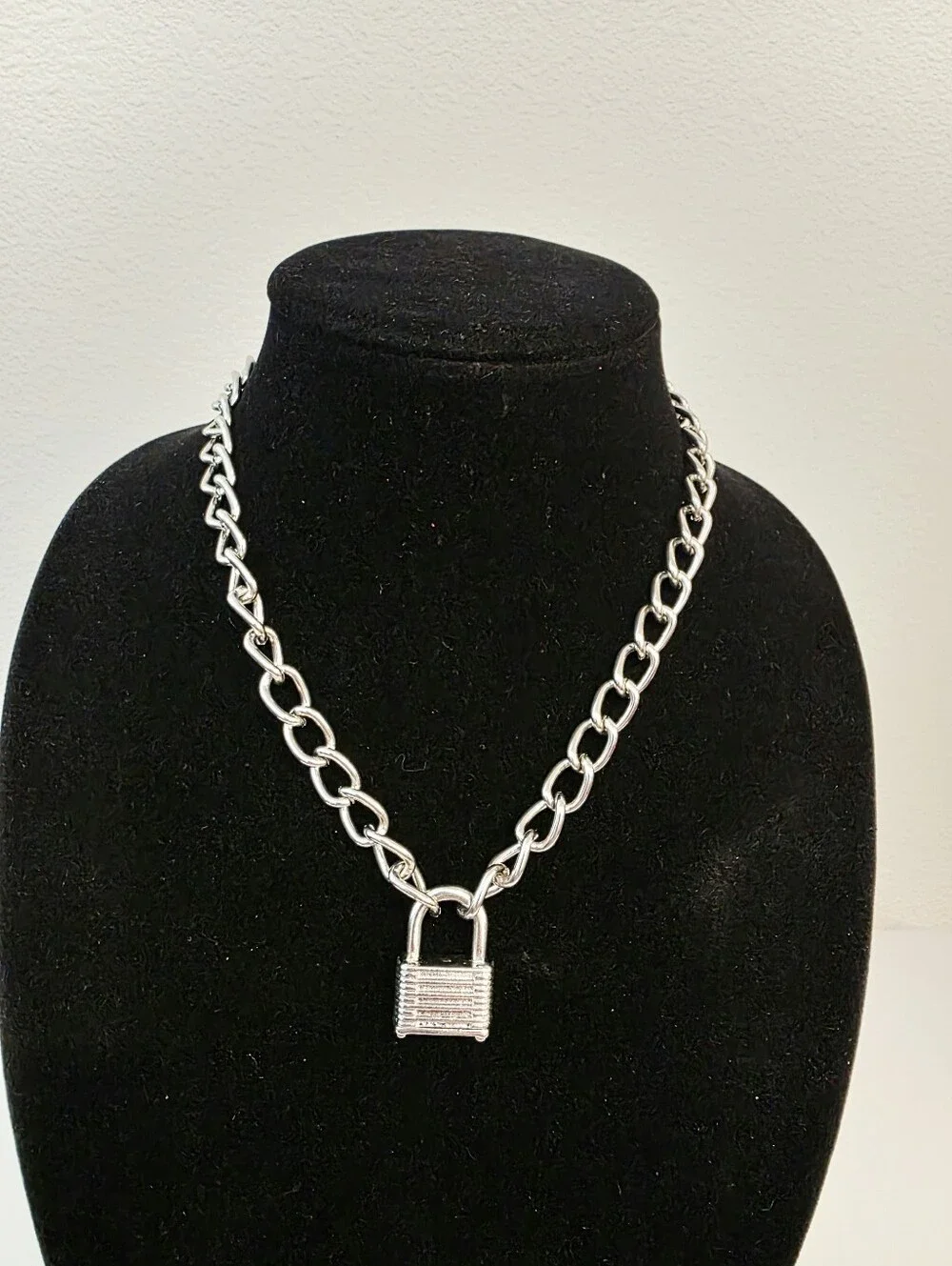 Padlock Chain Necklace, Silvertone, Chain 18